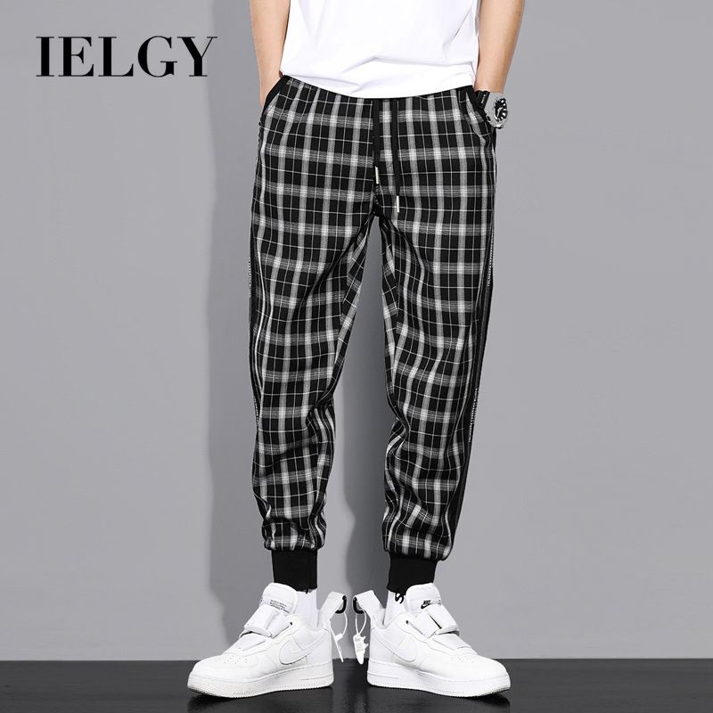 IELGY plaid pants male Korean version of the trend of spring and summer student beam pants loose feet long pants