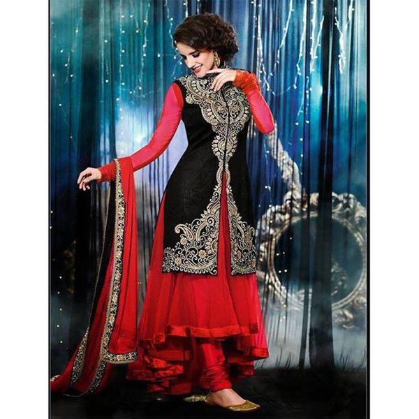 Red  Georgette  Semi  Stitched  Salwar  Kameez  for  Women