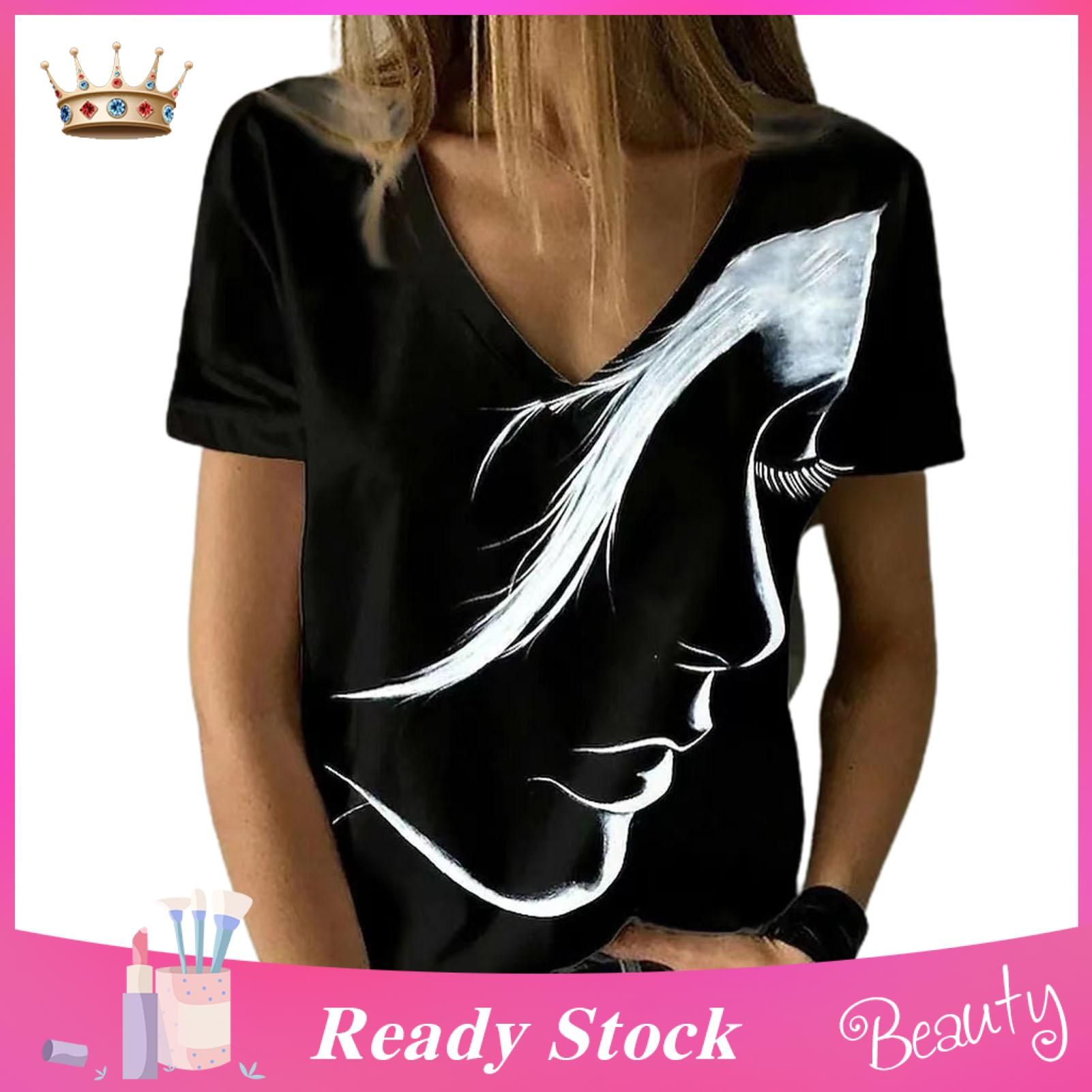 Casual T-shirt V-Neck Lady Fe Print Summer Pullover Top