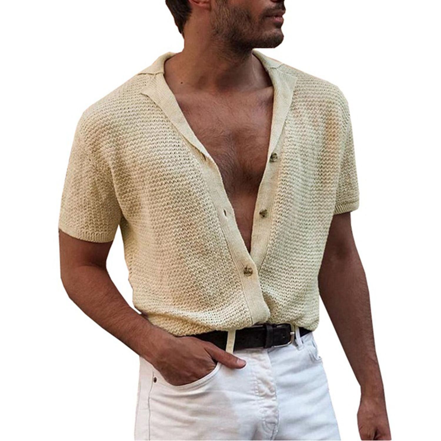 Men T-shirt Solid Color Knitted Summer Short Sleeve Lapel Buttons Cardigan for Dating