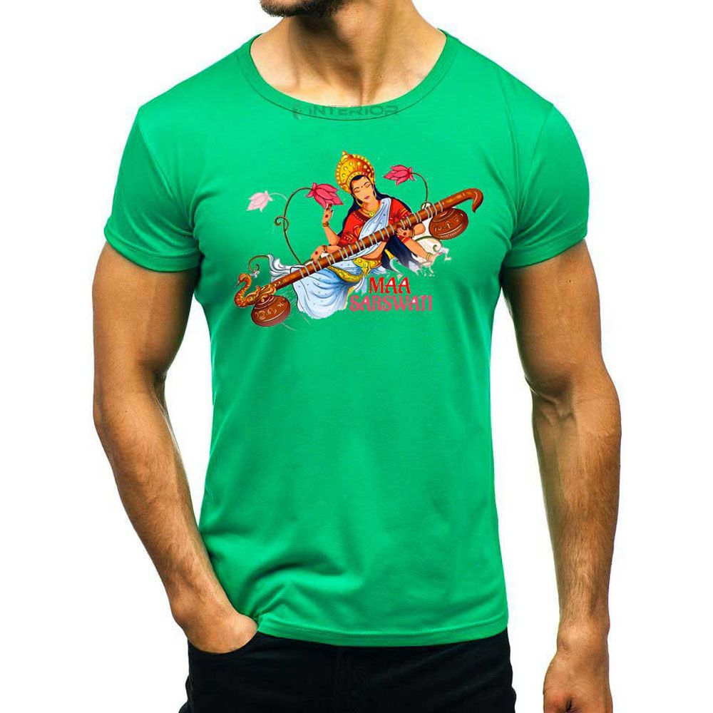 Maa Saraswati Puja Special Graphic Printed T-Shirt For Men Half Sleeve Casual Round Neck. Sports & Gym Wear T-Shirts For Attitude Boys - Genji - T Shirt - T Shirt