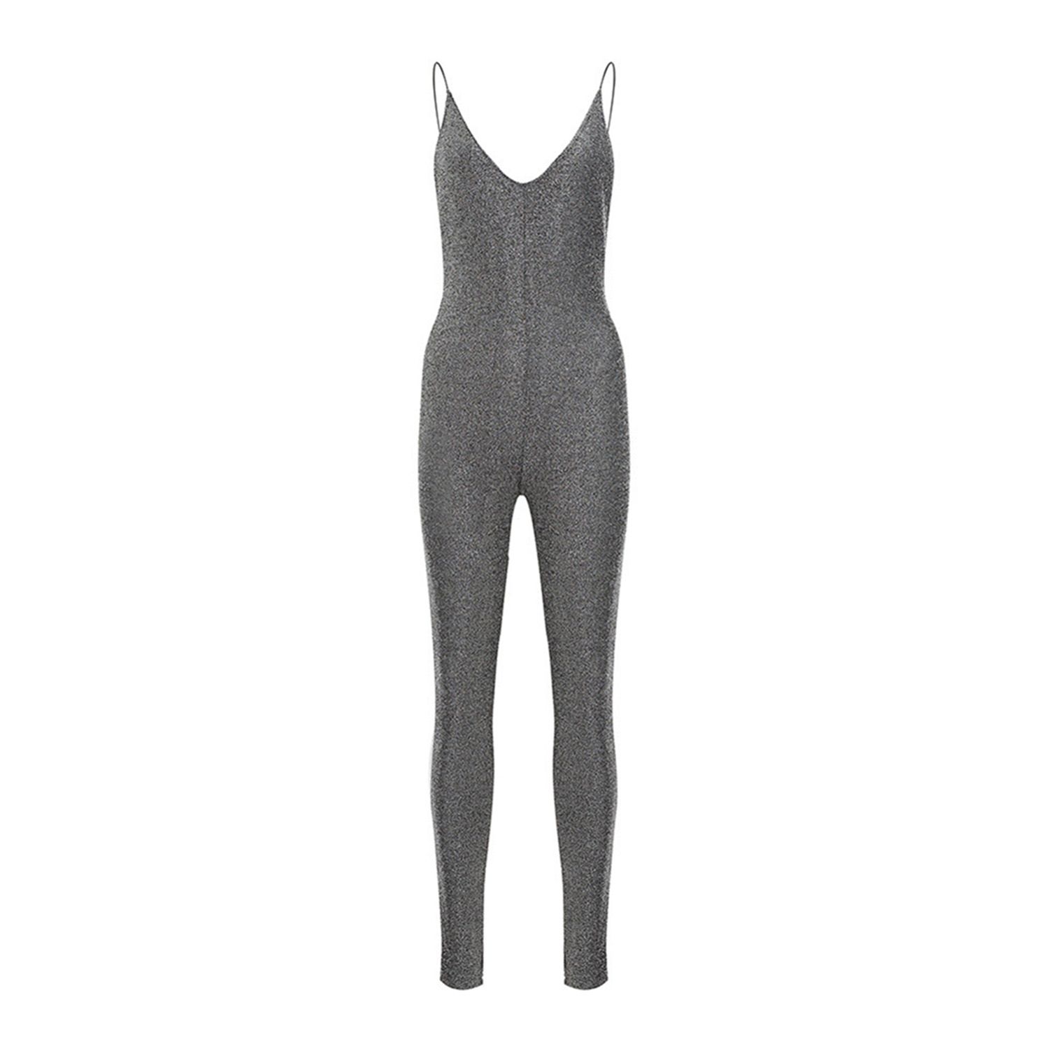 Women Shining Jumpsuit, Sleeveless Deep V Neck Bodysuit with Spaghetti Strap Fashion Solid Color Clo