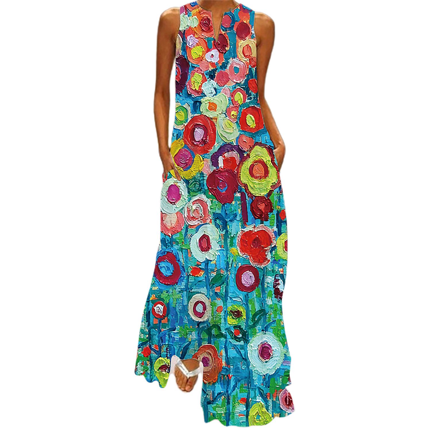 Sleeveless Beach Dress Retro Print Women V-neck Pockets Loose Maxi Dress Sundress
