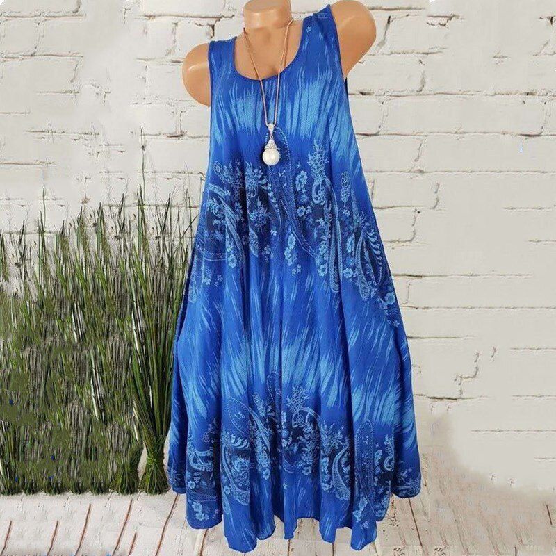 Fashion Elegant Summer Sleeveless Floral Printed Women Draped Dress 5XL Plus Size Bohemain Femme Dress Casual Loose Beach Dress