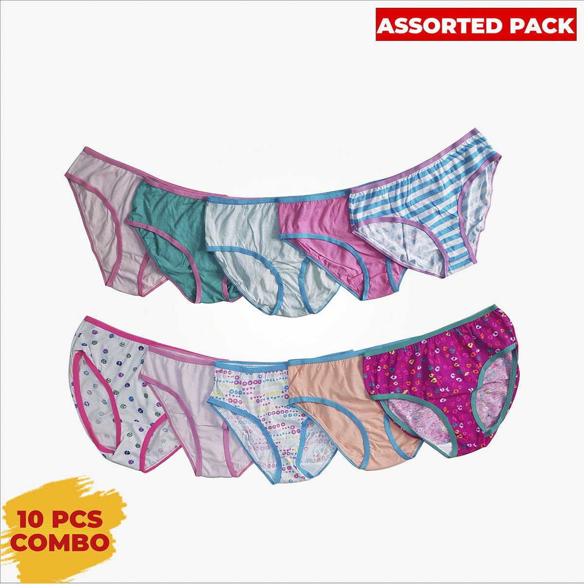 Pack of 10 Girls Cotton Underwear Half Back Cover Panties Briefs Assorted Combo