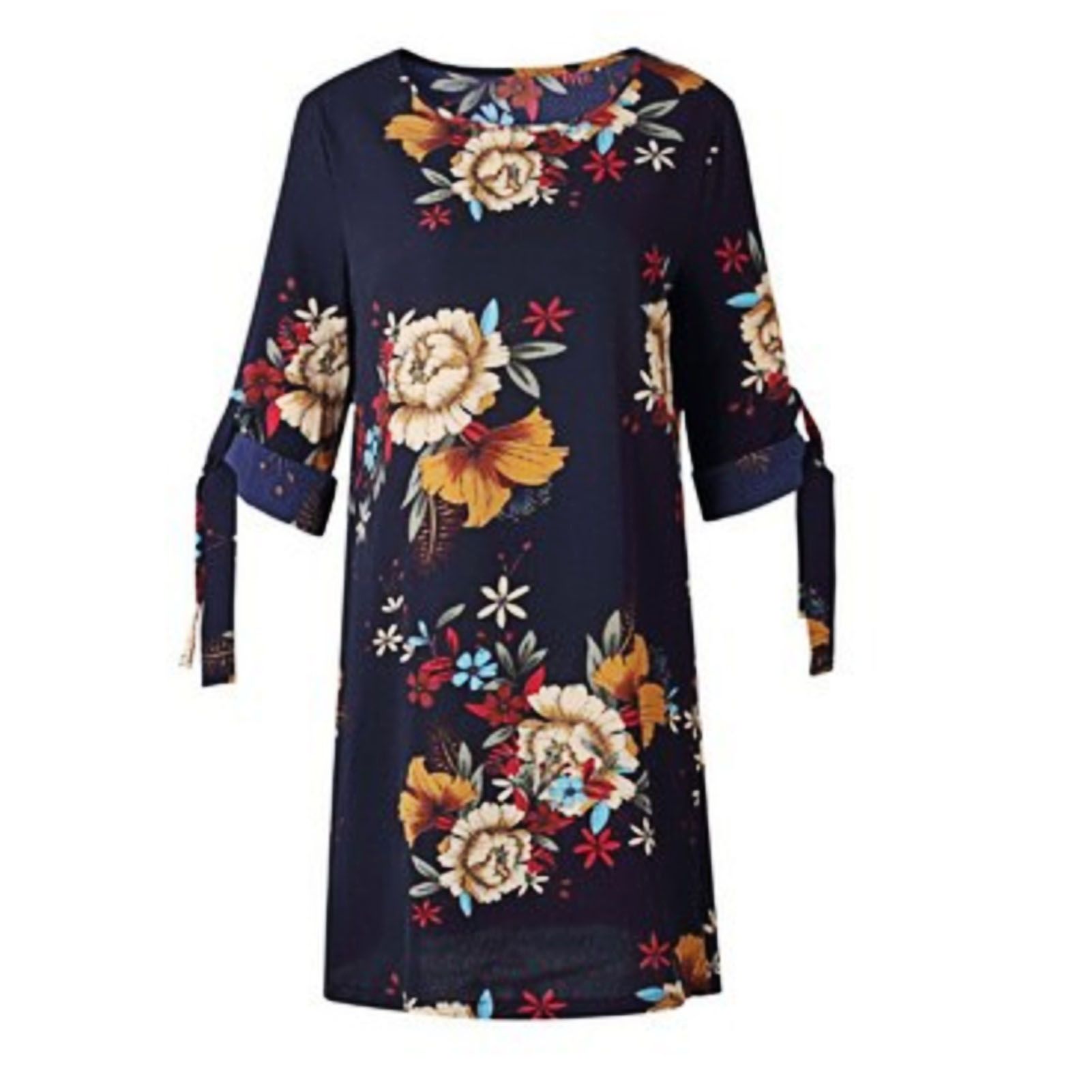Summer Dress O-neck Flower Print Tied Half Sleeve Dress