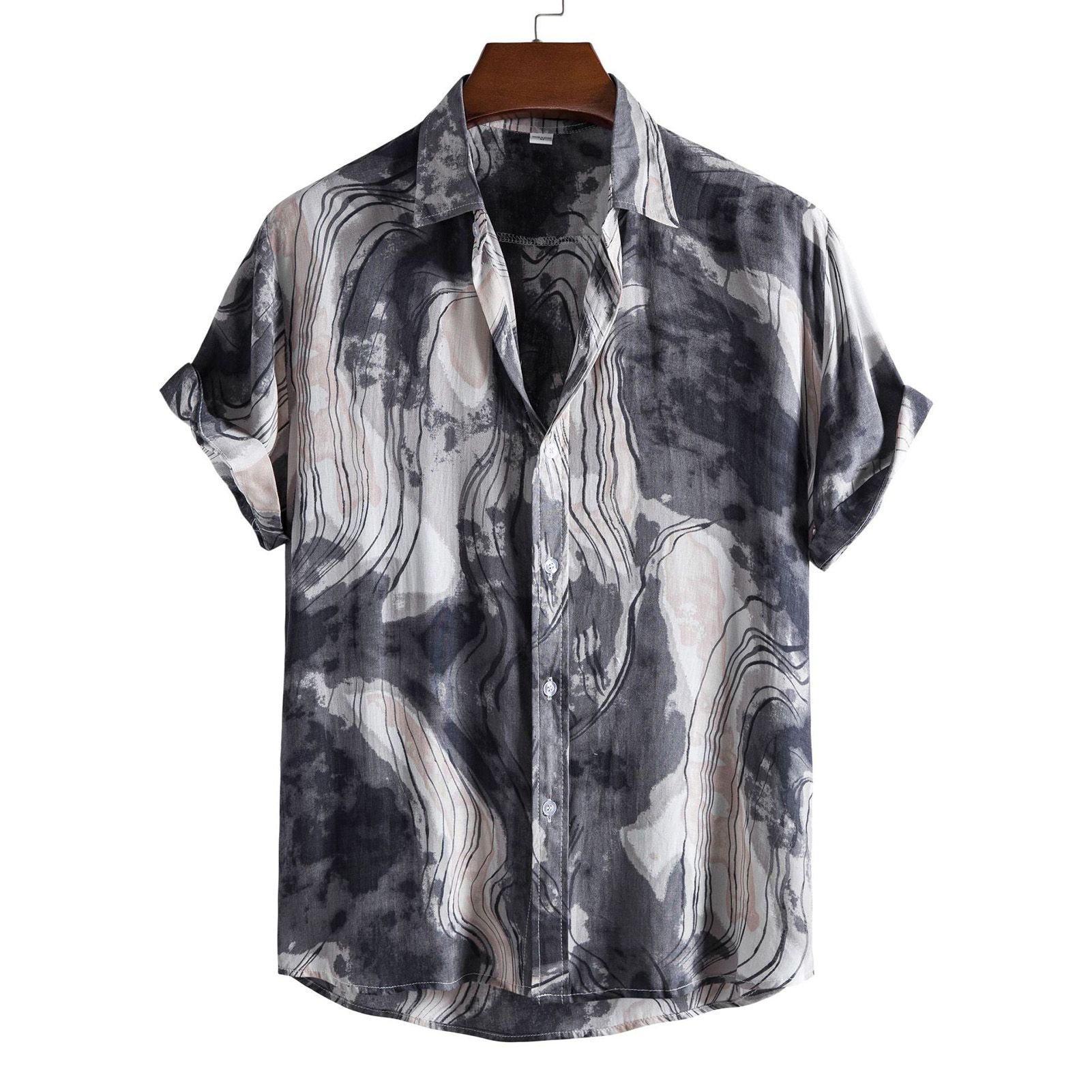 Short Sleeve Men Shirt Turn-down Collar Casual Tie Dye Print Loose Summer Shirt Beachwear