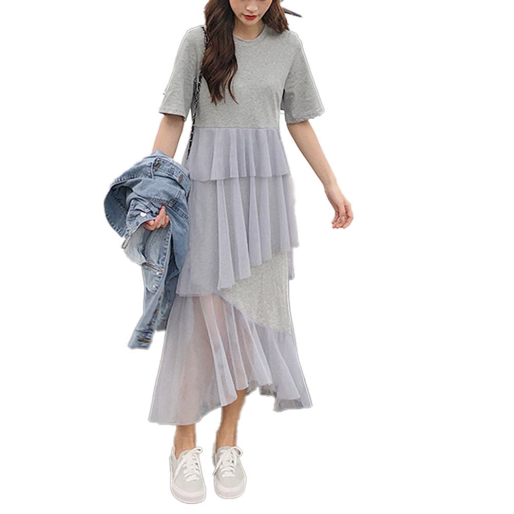 New Women Lady Fashion Casual Patchwork Mesh Hem Long Dress Multi-Layer Loose Fit Dress