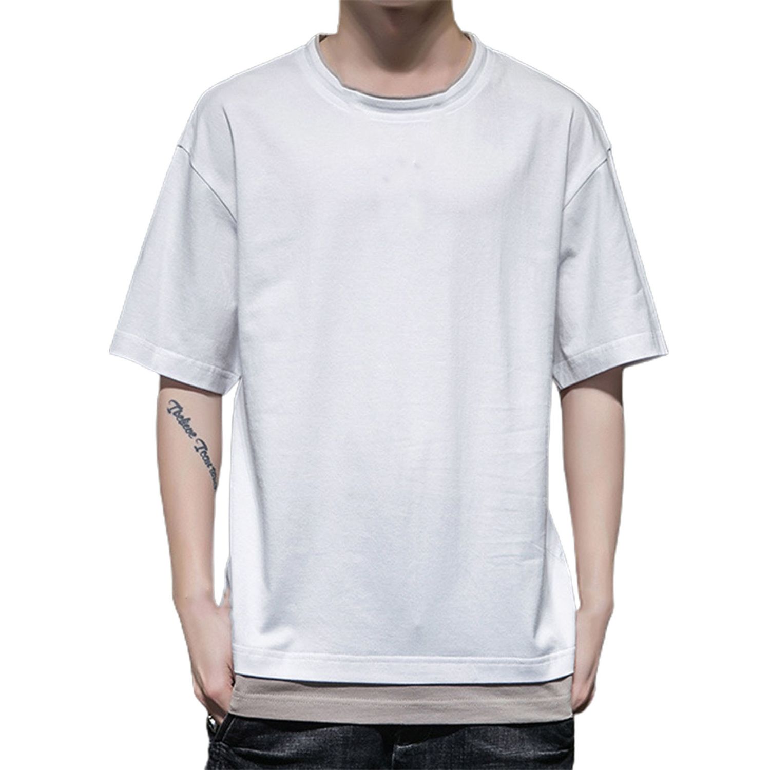 Men T-shirt Fake Two Piece Solid Color Summer Short Sleeve Round Neck Top for Dating