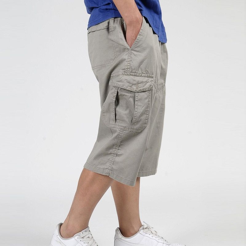 3/4 Pants Men Summer Baggy Cargo Cotton Calf Length Plus Size Pants Casual Trouser Male Large Loose Big Size 4XL 5XL 6XL Black