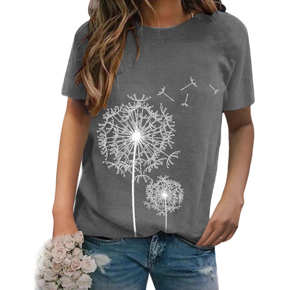 Women Summer Dandelion Print Short Sleeve O Neck T-shirt Blouse