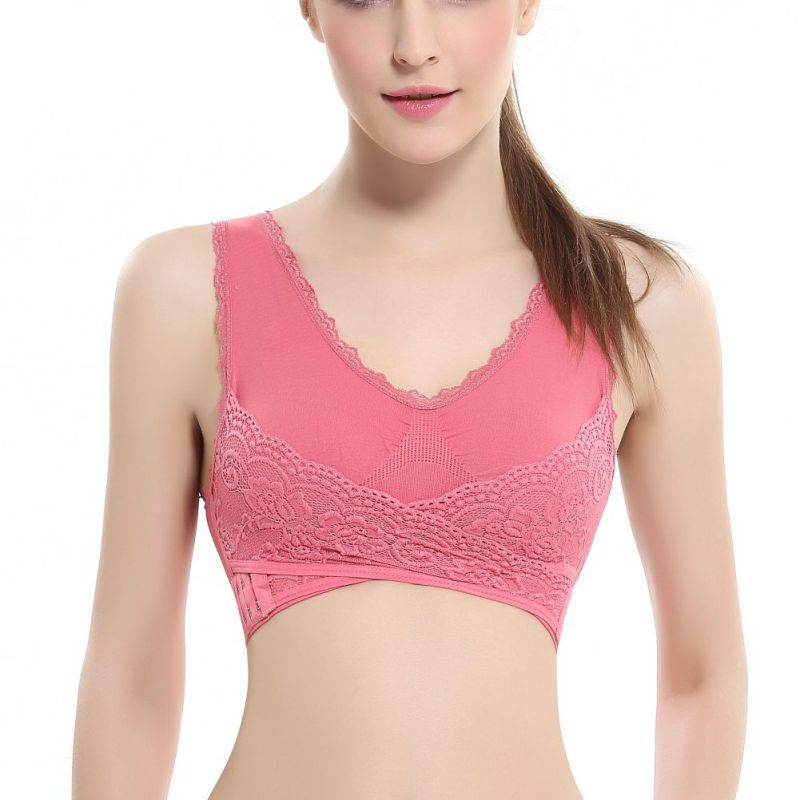 Women Comfortable Breathable  Lingerie Lace Solid Color Cross Side Buckle Wireless Push Up Bra Sports Underwear Sleep Bras