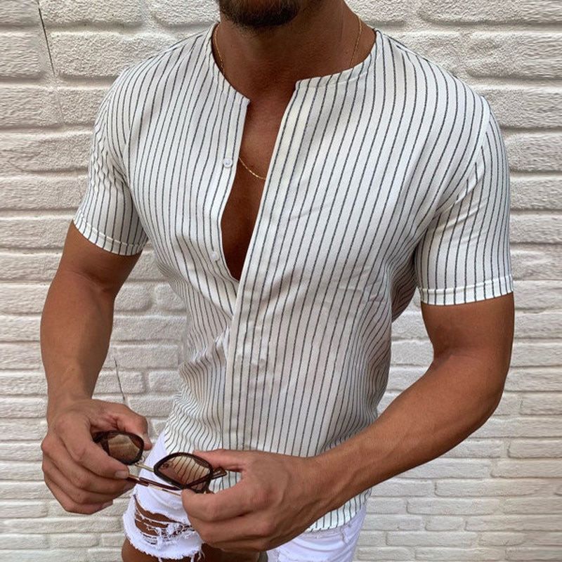 Men Shirts Short Sleeve Striped Tops Daily Casual Shirts Japanese Fashion Button Up Shirt for Spring Summer Mens Clothing