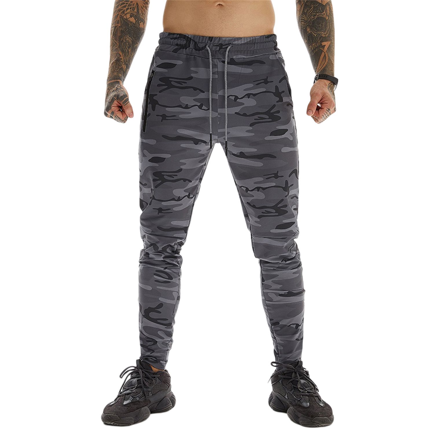 Men Camouflage / Solid Color Trousers, Casual Elastic Waist Cuffed Feet Tapered Zipper Sport Pants