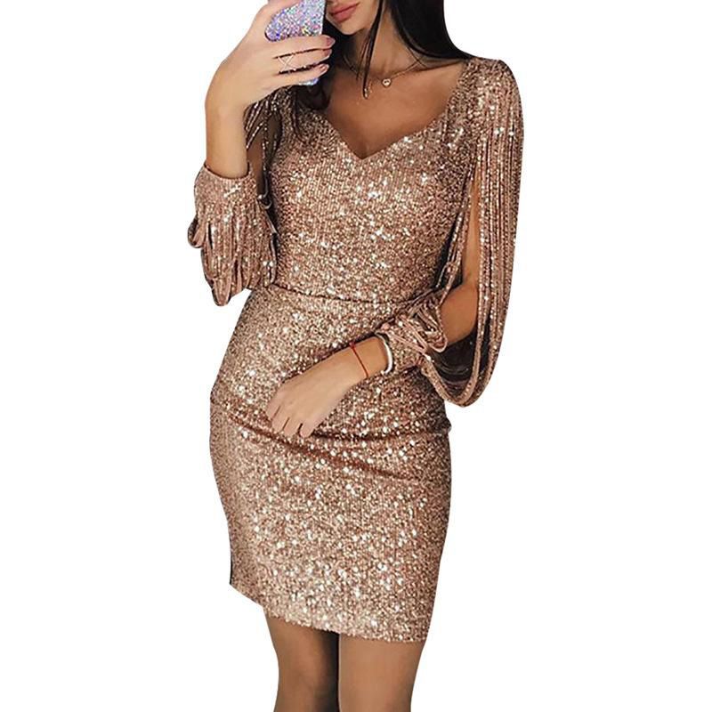Women Dress Sequins Glitter Sparkle Deep V Neck Sequins Tassel Long Sleeves Short Mini Evening Party Wrap  Package Dress