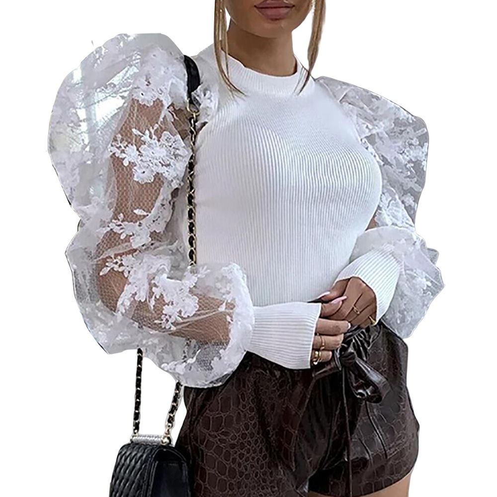 Women's Bodycon Blouse, Fashion Lace Mesh Puff Sleeve Stretchy Tops Party Clubwear