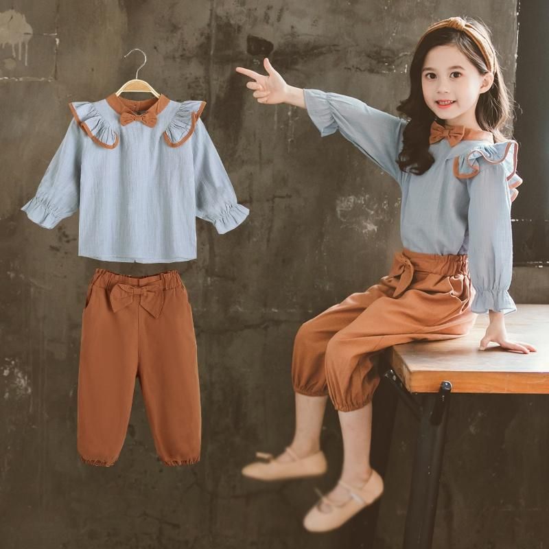 Autumn Baby Girls Flare Sleeve Bowknot Design Tops+Pants Suits