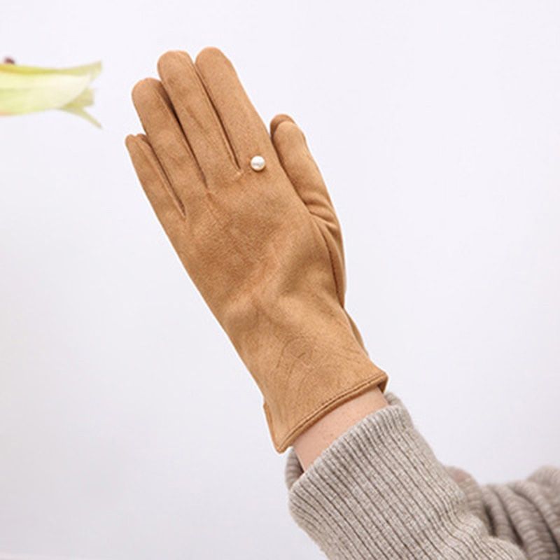 Women's Winter Plus Velvet Thicken Warm Touch Screen Gloves Elegant Pearl Suede Windproof Full Finger Cycling Driving Gloves K43