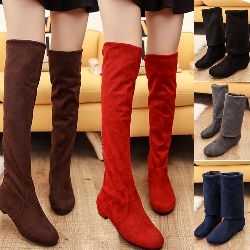 Women Fashion Spring Boots Over the Knee Long Boots Black Brown Suede Flat Shoes(Suggest Choosing One Size Bigger than Usual)