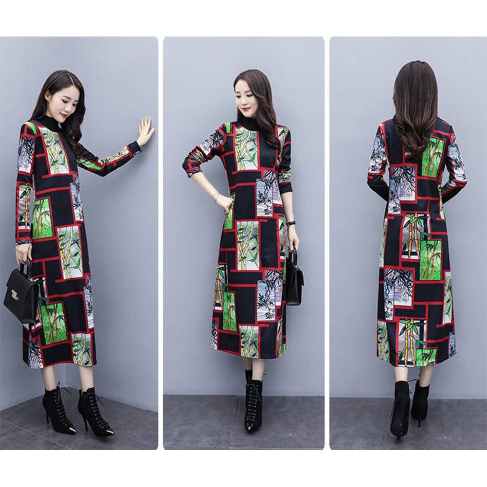 Woman Long Sleeves and High Collar Dress Plaid Bamboo Pattern Decor Leisure Dress