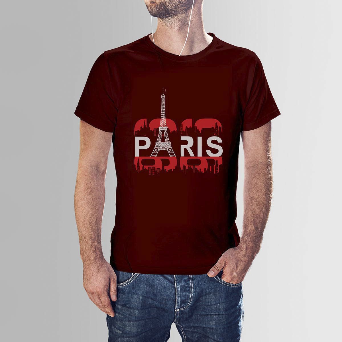 Maroon Cotton Paris HNH  T-shirt For Men