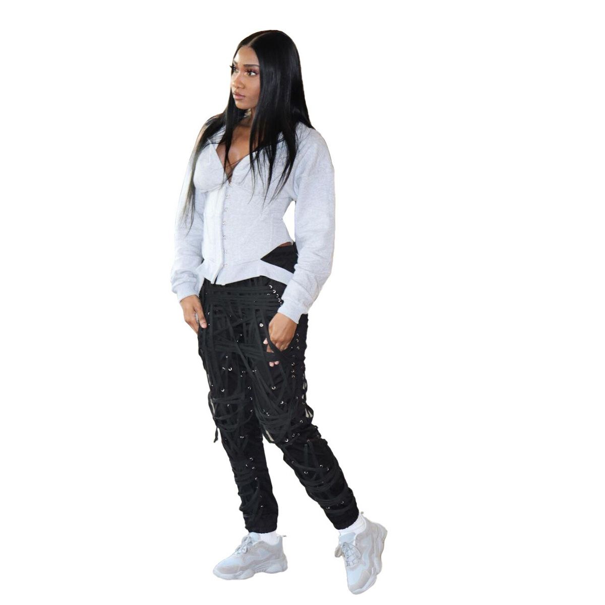 Streetwear Women Lace Up Strings Pants High Waist Hip Hop Trousers Activewear Sports Jogger Sweatpants