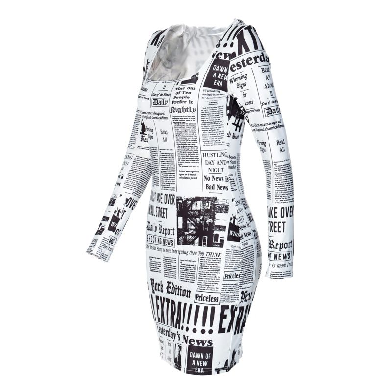 2021 Women’s Summer Long-sleeved Dress Personality Newspaper Pattern Mid-waist Skinny Short Dress