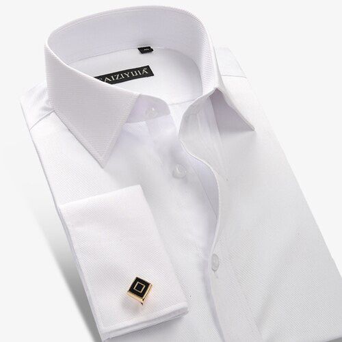 Men's French Cuff Solid Twill Dress Shirt Pocketless  Buttons Long-Sleeve Standard-fit Business Party Wedding White Shirts