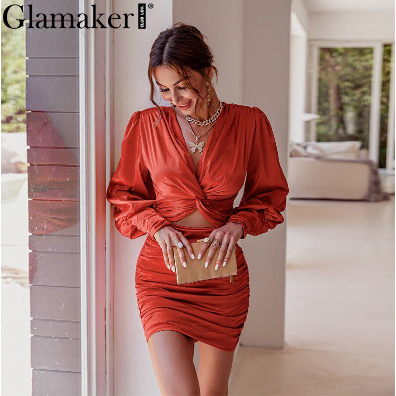 Glamaker deep v neck bodycon dress Party club hollow out mini dress Elegant winter autumn chic lantern sleeve satin dress