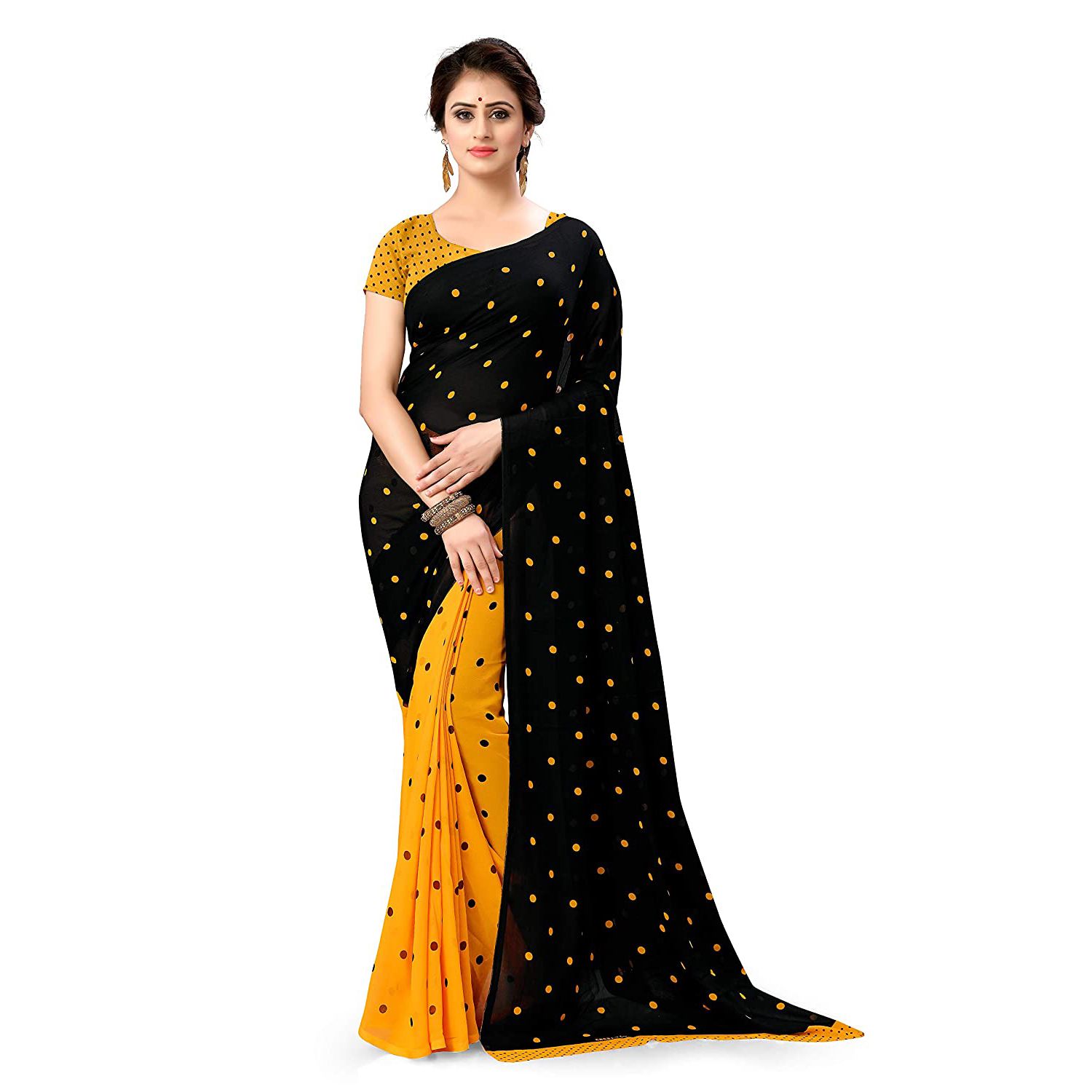 Indian Weightless Georgette Saree Black/Yellow Color High Quality Embroidery Work On Blouse