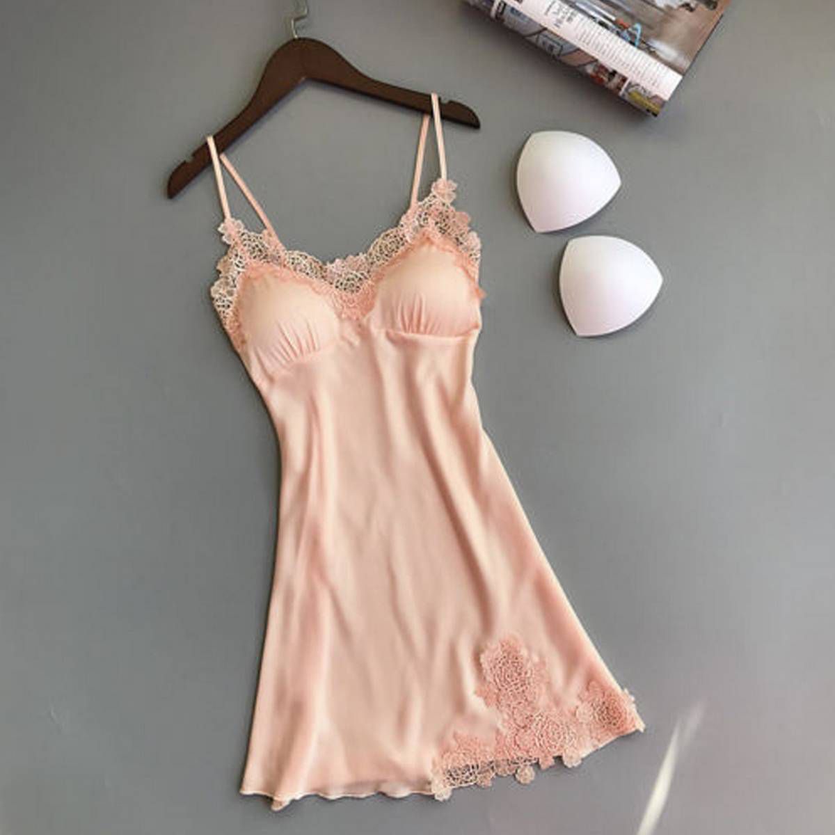 Women Night Dress Nightgown  Nightwear With A Bra Patchwork Camisole  Night Silk Dress Sleep Wear Nightdress