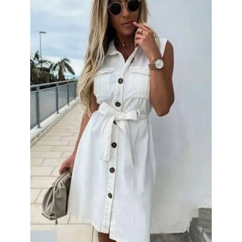Women Vintage Front Button Sashes Sheath Party Dress Sleeveless Turn Down Collar Casual Mini Dress Summer Fashion New Dress