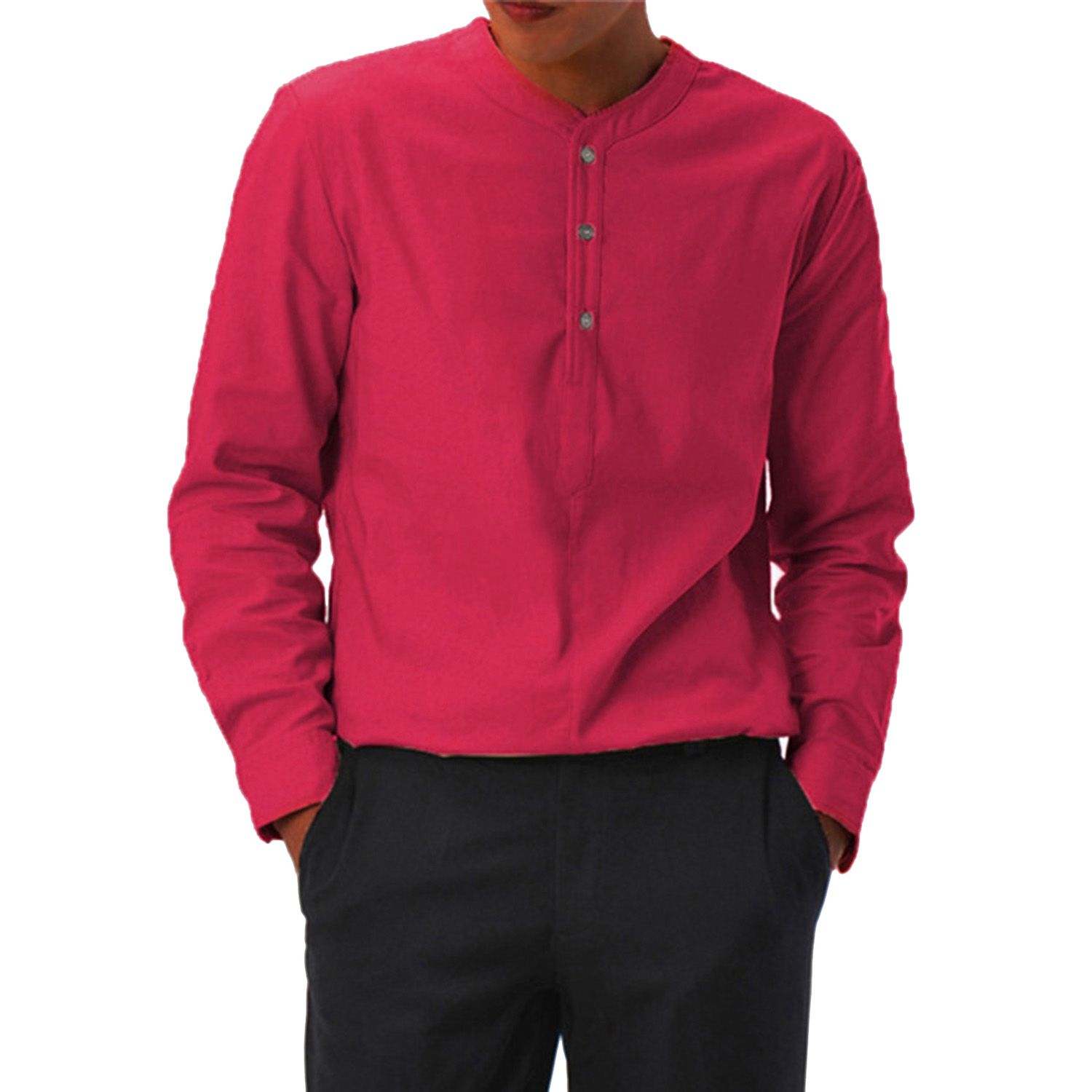 Long Sleeve V Neck Men Shirt Soft Solid Color Slim Fit Casual Shirt Pullover Top