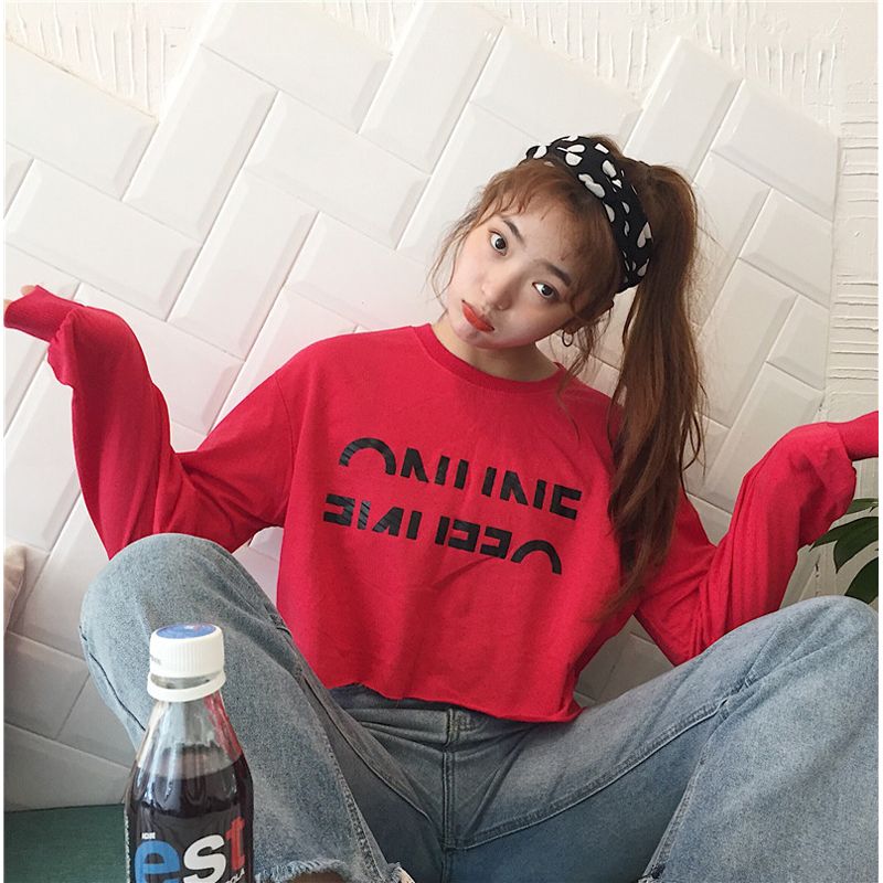 Women Fashion Letter Print Long Sleeve T-shirt Casual Loose Short Style Pullover Bottoming Shirt