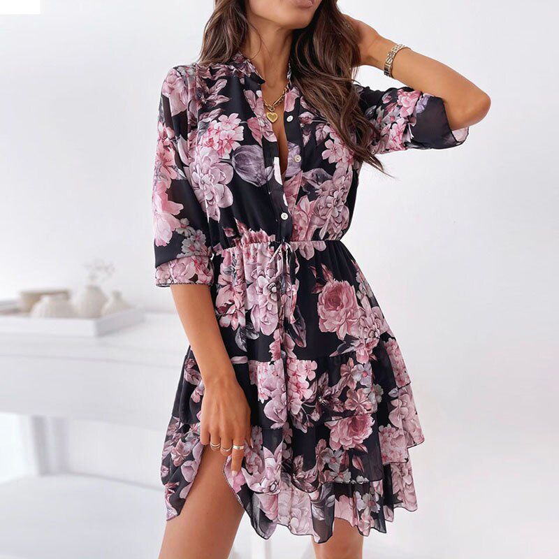 Women Spring Cascading Ruffles Flower Print Dress Boho Summer Half Sleeve Office Shirt Dress Female A Line Party Vestidos