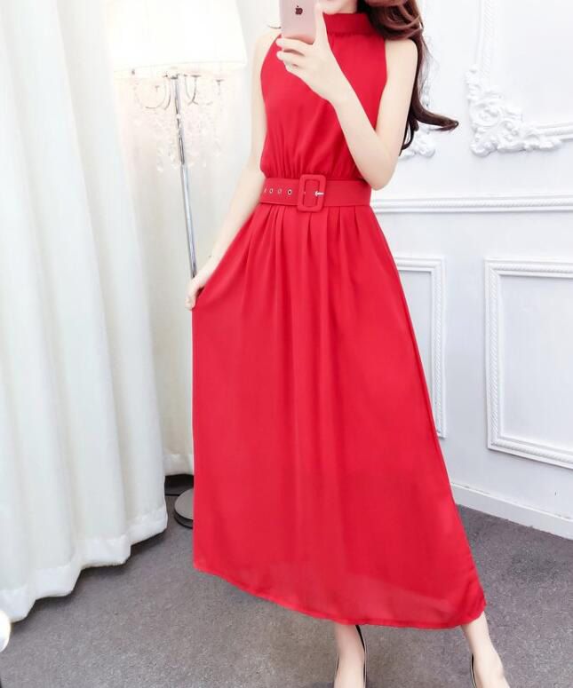 Woherb Chiffon Dress Women Summer Halter Sleeveless Dresses Korean Chic Slim Waist Vestidos Maxi Beach Dress 25494