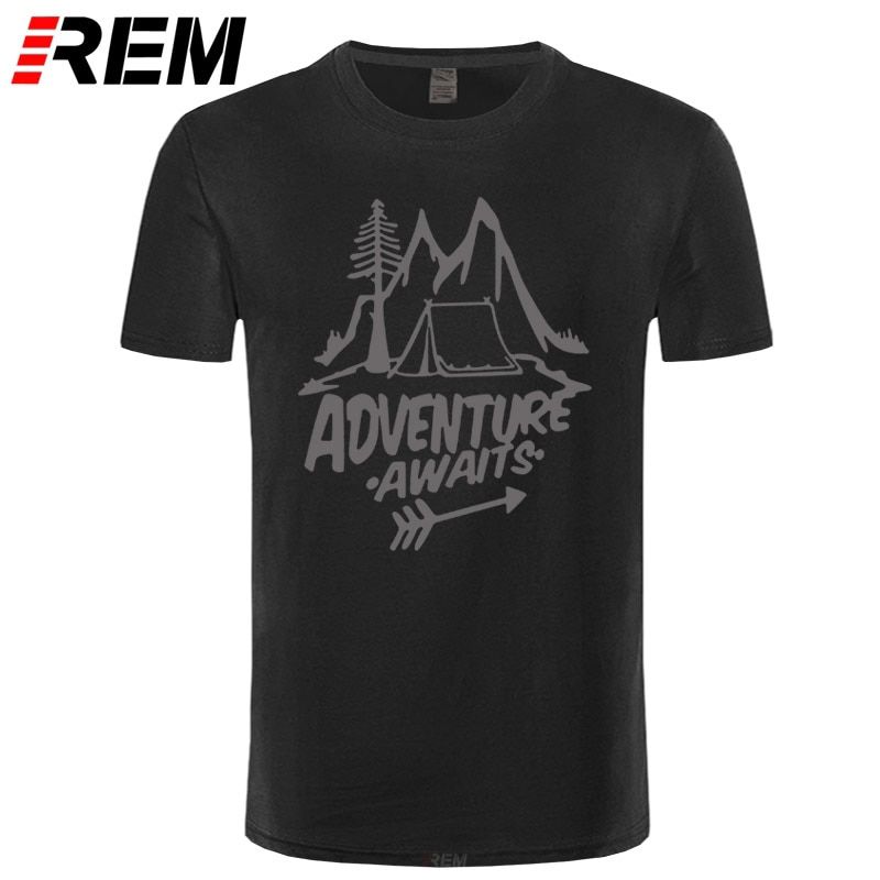 REM Adventure Awaits Letter T-shirt Travel, Pine , Mountains, Tent Printing T-shirt Top Quality Pure Cotton Uni