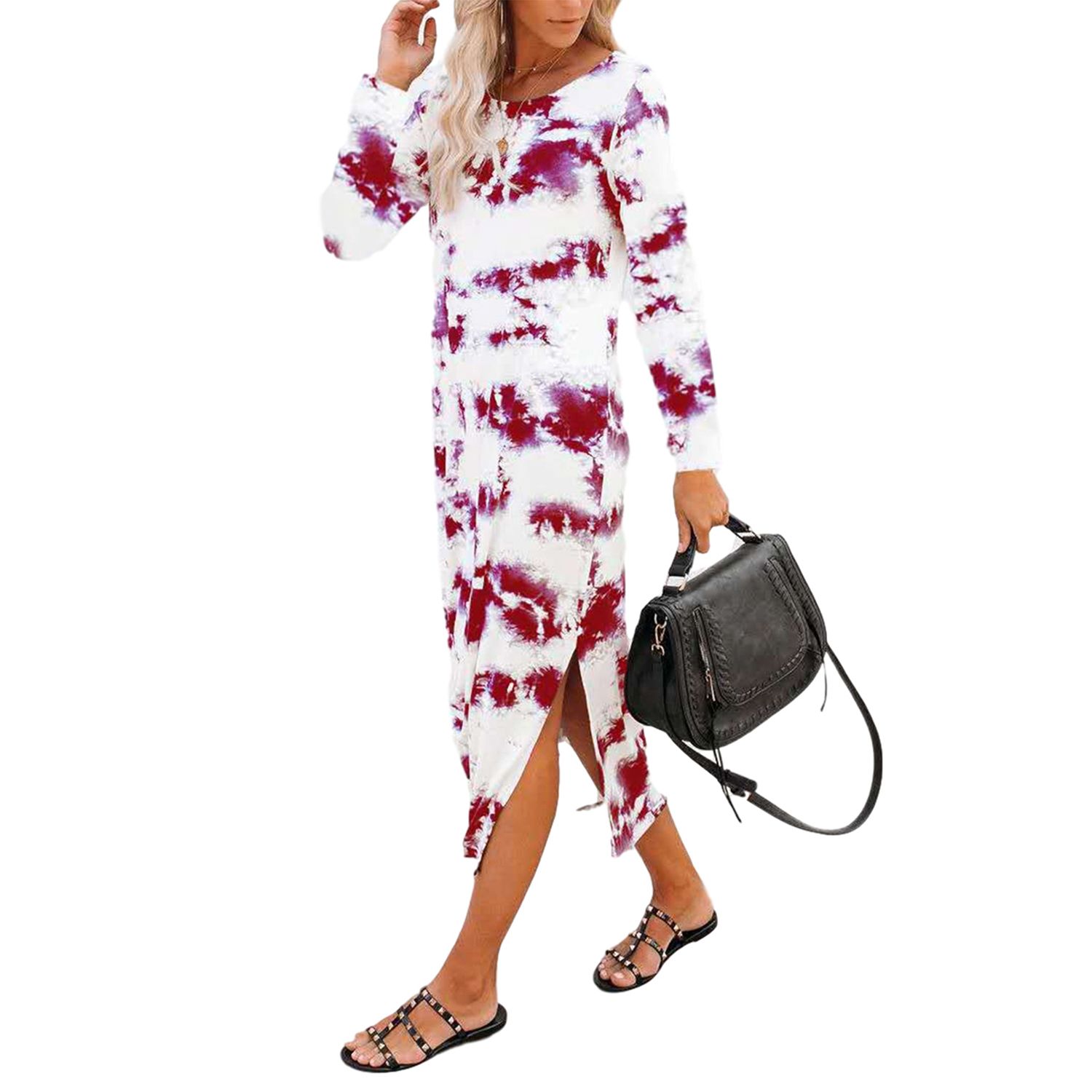 2021 Women Fashion Round Neck Dress, Casual Tie-dye Long Sleeve One-piece, Loose Plus Size Tunic Top for