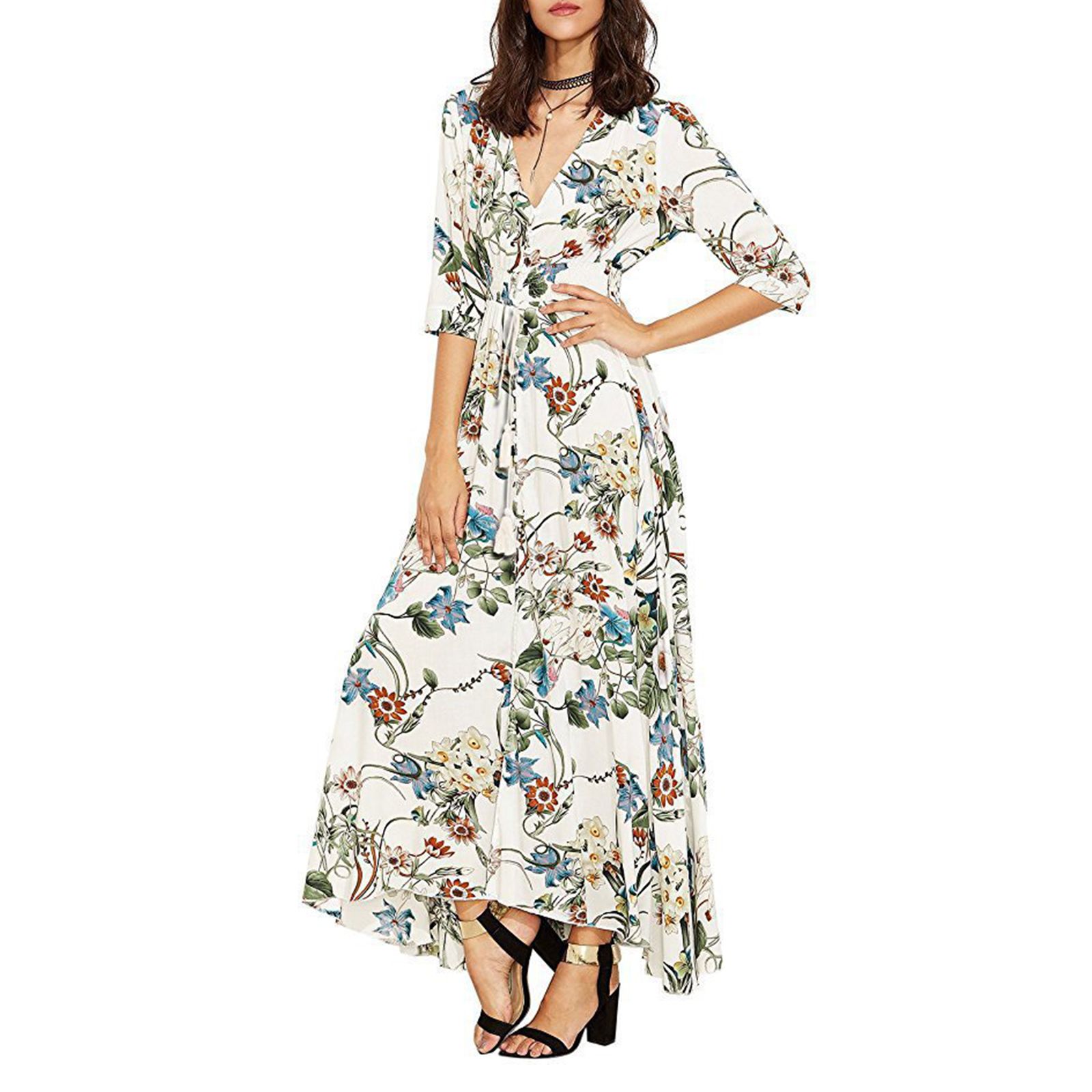 Female Bohemian Dress, Summer Flower Print V-Neck Short/ Half Sleeve One-Piece for Ladies, S/M/L/XL/XXL
