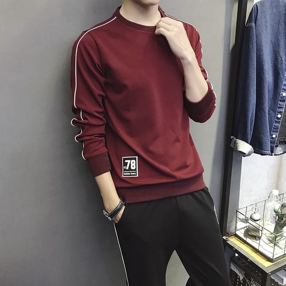 Maroon Cotton Full Sleeve Casual T-Shirt For Men