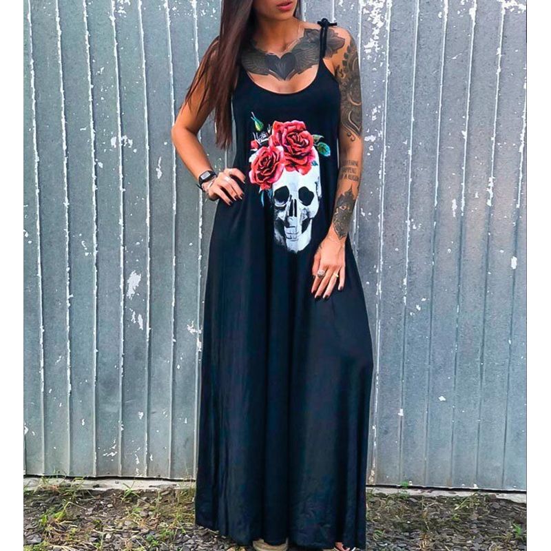 Summer Dress Women Casual Punk Loose Short Sleeve Skull Print Female Dress Streetwear Side High Split Flower Female Vestido