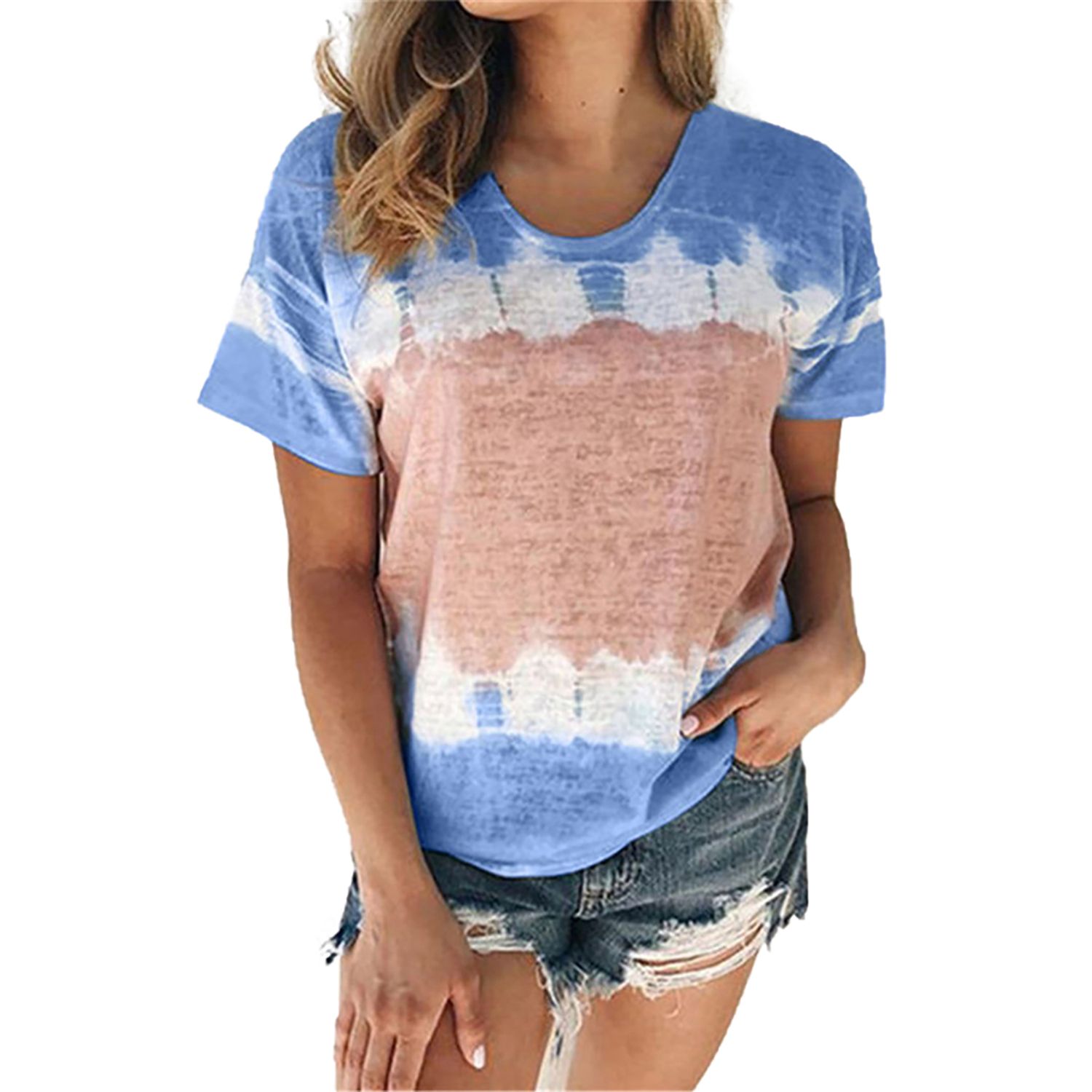 New Casual Top Cozy T-Shirt Loose Round-Neck Color Block Short Sleeve Tunic Pullover Wild Fashion Top Cl
