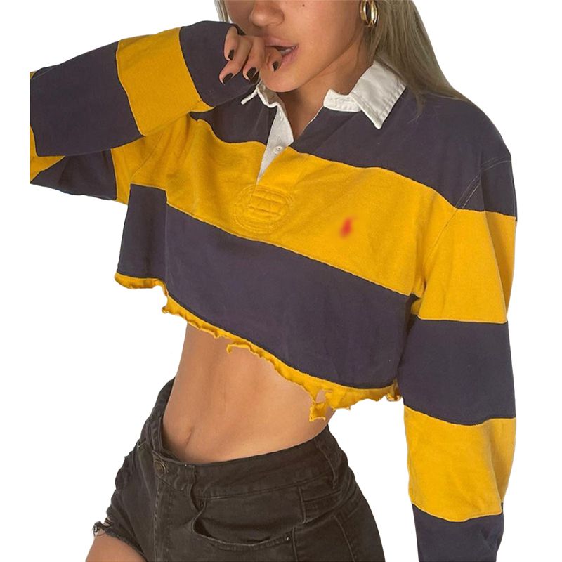 Ladies Personalized Long Sleeve T-shirt, Women Leisure Style Contrast Color Stripe Lapel Rough Selvedge Hem Midriff-baring Tops