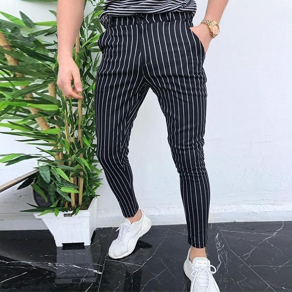Fashion Men's Slim Fit Stripe Business Formal Pants Casual Office Skinny Long Straight Joggers Sweat Pants Trousers