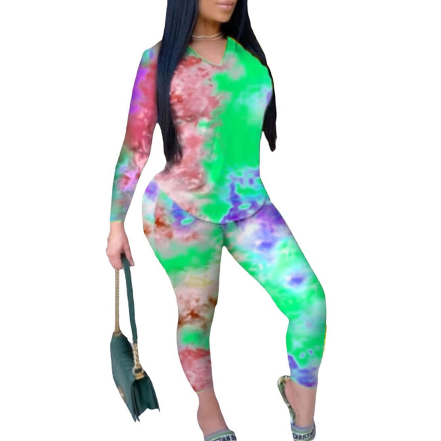 2021 Women's Tracksuit Set, Fashionable Printed V-neck Top and Pants Two-piece Suit for Holiday Travellin