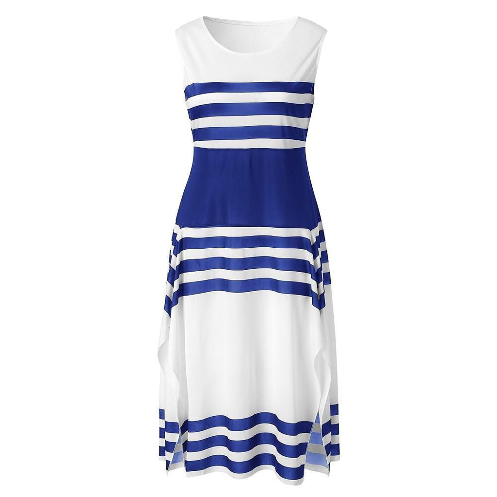 Summer Women Dresses Fashion Stripe Sleeveless Round Neck Casual Dress Female Irregular Midi Party dresses