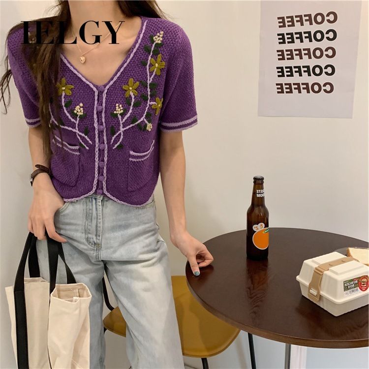 IELGY summer Korean version of V-neck sweater women's outer wear vintage embroidery flowers