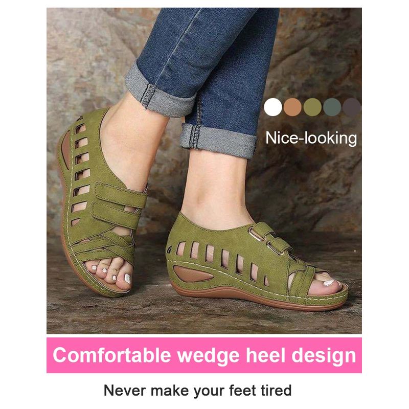 Women's Hollow Velcro Large Size Soft Bottom Wedge Heel Sandals