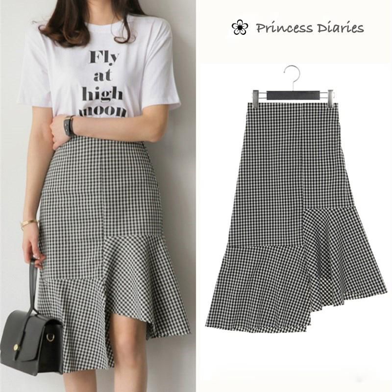 Korean-Style Women Plaid Fishtail A-line Skirt Summer High-Waist Wrap Skirts
