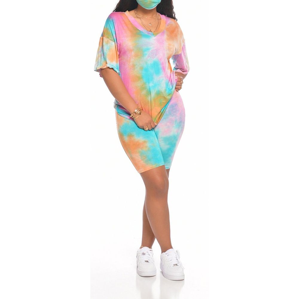 Women Casual 2 Piece Outfits, Short Sleeve Tie Dye Print T-Shirts + Bodycon Short Pants Set Tracksuit